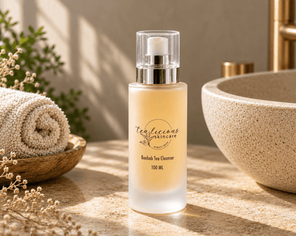 Tea-licious Baobab Tea Cleanser in a frosted 100 ml pump bottle beside a rolled towel and stone basin.