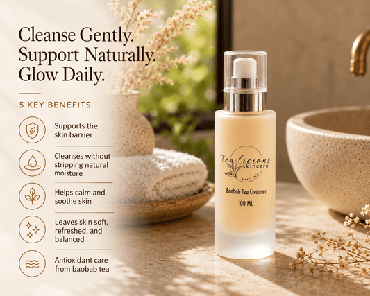 Baobab Tea Cleanser with five benefits: skin barrier support, cleansing without stripping moisture, soothing care, soft and refreshed skin, and antioxidant care.