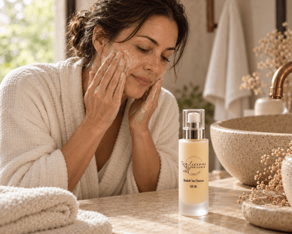 Woman rinsing her face over a stone basin, with Tea-licious Baobab Tea Cleanser beside her on the bathroom vanity.
