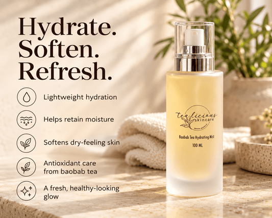 Baobab Tea Hydrating Mist with five benefits: lightweight hydration, moisture retention, softer skin, antioxidant care, and a healthy-looking glow.