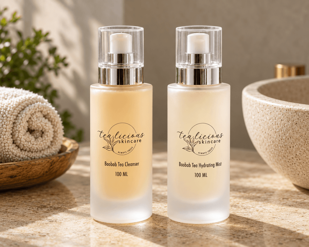 Tea-licious Baobab Tea Cleanser, Hydrating Mist and Moisturizer on a stone vanity beside folded towels and dried grasses.