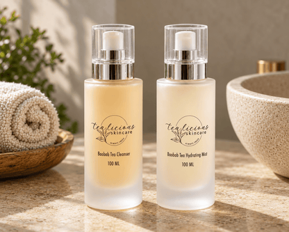 Tea-licious Baobab Tea Cleanser, Hydrating Mist and Moisturizer on a stone vanity beside folded towels and dried grasses.