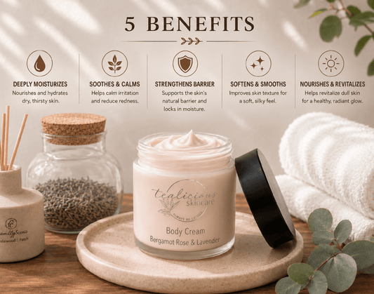 Tea-Licious Bergamot Rose & Lavender Body Cream showing five skincare benefits: deep moisturization, soothing comfort, skin barrier support, softer smoother skin, and nourishment.