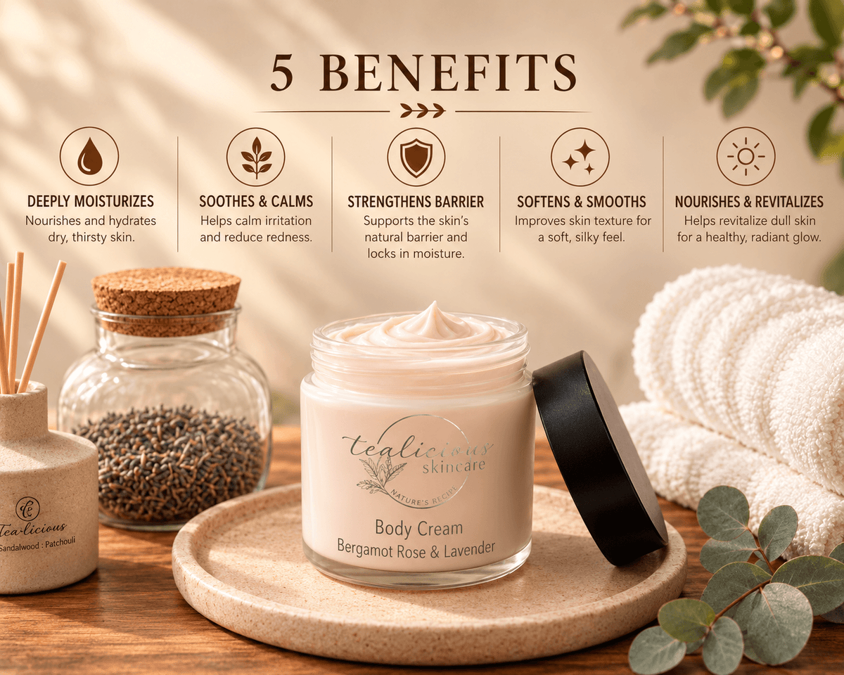 Tea-Licious Bergamot Rose & Lavender Body Cream showing five skincare benefits: deep moisturization, soothing comfort, skin barrier support, softer smoother skin, and nourishment.