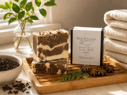 Tea-Licious Black Tea & Creamy Milk tea-infused soap bars stacked on a wooden tray with product packaging in a bright bathroom setting.