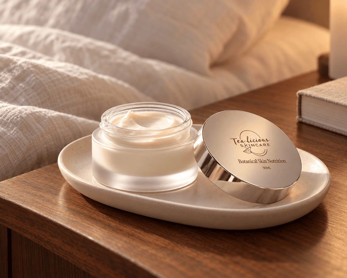 Open jar of Tea-licious Botanical Skin Nutrition with its silver lid on a ceramic tray atop a wooden bedside table.