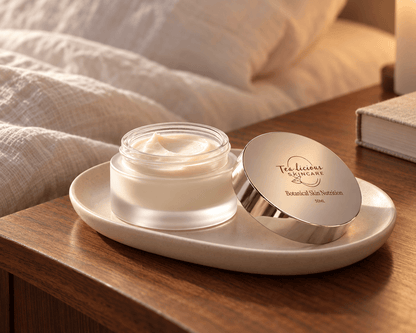 Open jar of Tea-licious Botanical Skin Nutrition with its silver lid on a ceramic tray atop a wooden bedside table.