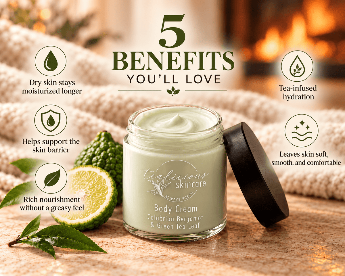 Calabrian Bergamot & Green Tea Leaf Body Cream with five benefits highlighting moisture, skin barrier support, nourishment, hydration and softness.