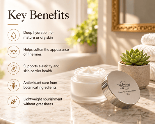 Tea-licious guava tea moisturizer with five benefits: hydration, softer-looking fine lines, elasticity and barrier support, antioxidant care, and lightweight nourishment.