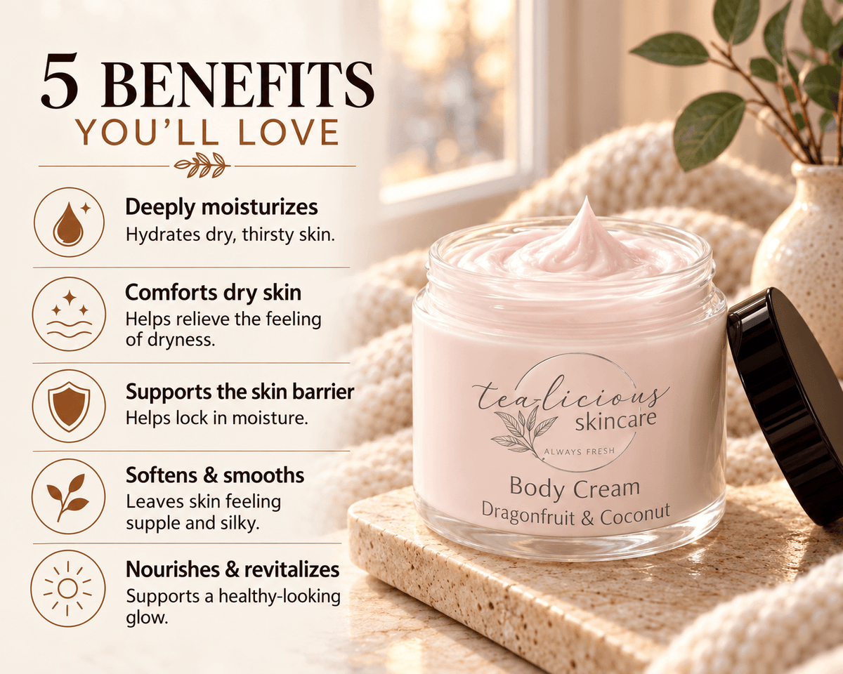 Tea-licious Dragonfruit & Coconut Body Cream with five benefits: moisturizes, comforts dry skin, supports the skin barrier, softens and smooths, and nourishes.