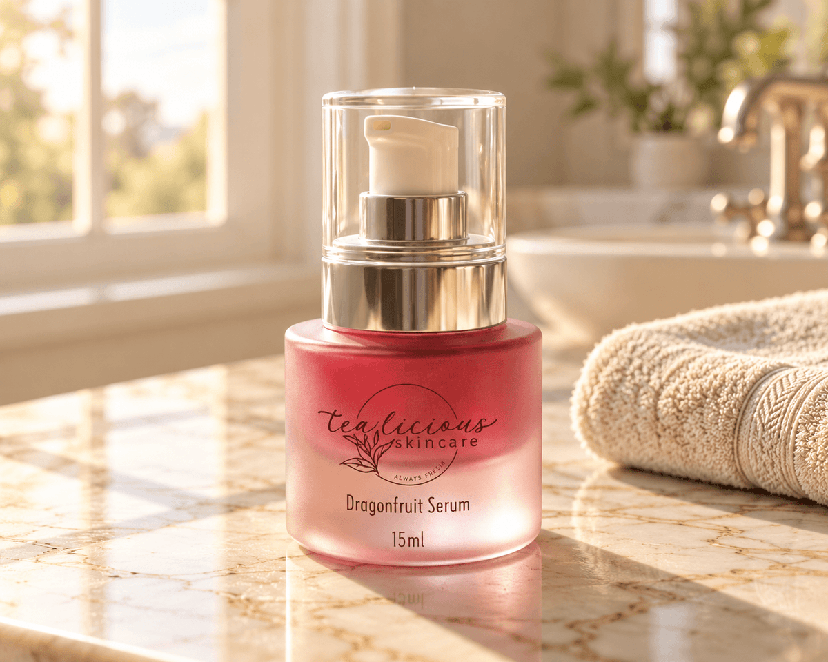 Tea-licious Dragonfruit Serum in a pink frosted 15 ml pump bottle on a marble vanity beside a beige towel, in warm window light.