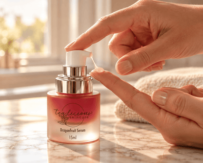 Hands dispensing a small amount of pink Tea-licious Dragonfruit Serum onto a fingertip from a 15 ml pump bottle in warm natural light.