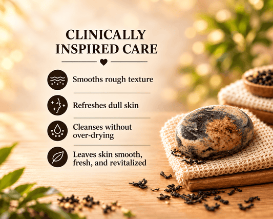 Oval black and cream exfoliating soap on a woven washcloth, with text highlighting smoother texture, refreshed skin and cleansing without over-drying.