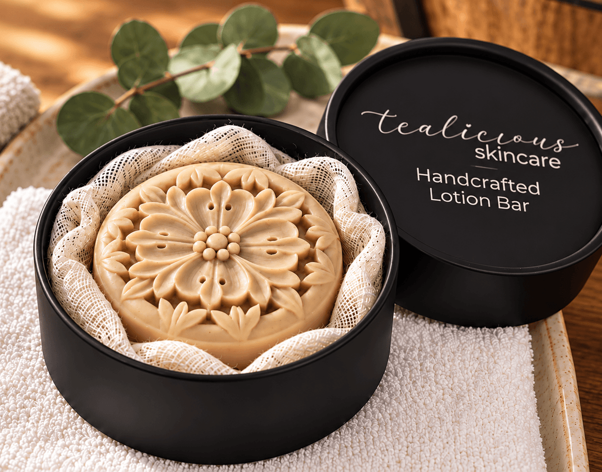 Tea-Licious handcrafted solid lotion bar with an embossed floral design displayed in a matte black tin beside the branded lid.