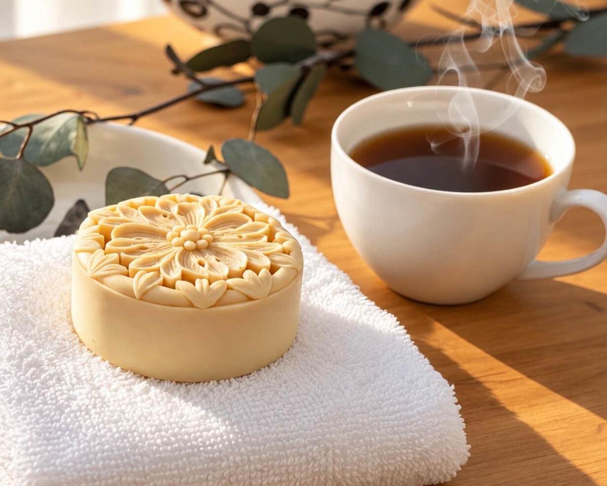 Tea-Licious floral solid lotion bar resting on a white towel beside a steaming cup of tea and eucalyptus in warm natural light.
