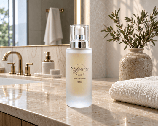 Tea-licious Guava Tea Cleanser in a frosted glass pump bottle on a beige stone vanity beside a white towel and vase of olive branches.