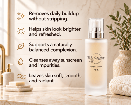 Tea-licious Guava Tea Cleanser with five benefits: removes buildup without stripping, refreshes, supports balance, washes away sunscreen and impurities, and leaves skin soft.
