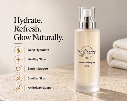 Travel size Tea-licious Guava Tea Hydrating Mist with five benefits: deep hydration, healthy glow, barrier support, soothing care, and antioxidant support.