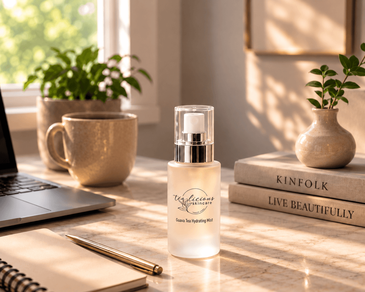 Tea-licious Guava Tea Hydrating Mist travel bottle on a sunlit desk beside a laptop, mug, notebook, and gold pen.