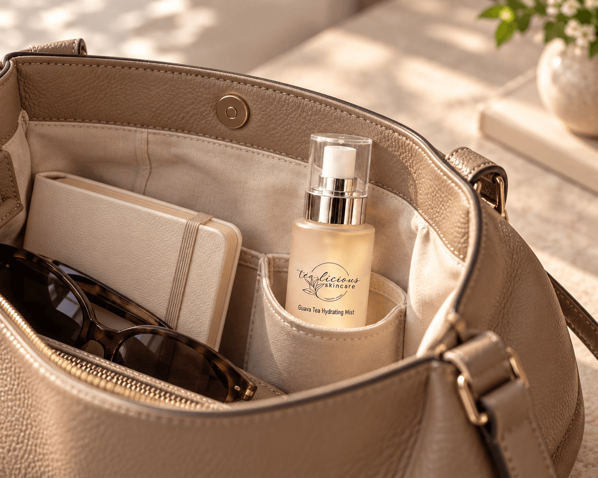 Tea-licious Guava Tea Hydrating Mist travel bottle tucked into a taupe purse beside a cream diary and sunglasses.
