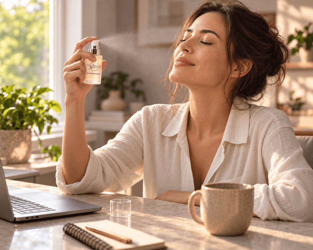 Woman with eyes closed spraying Tea-licious Guava Tea Hydrating Mist onto her face while seated at her desk.