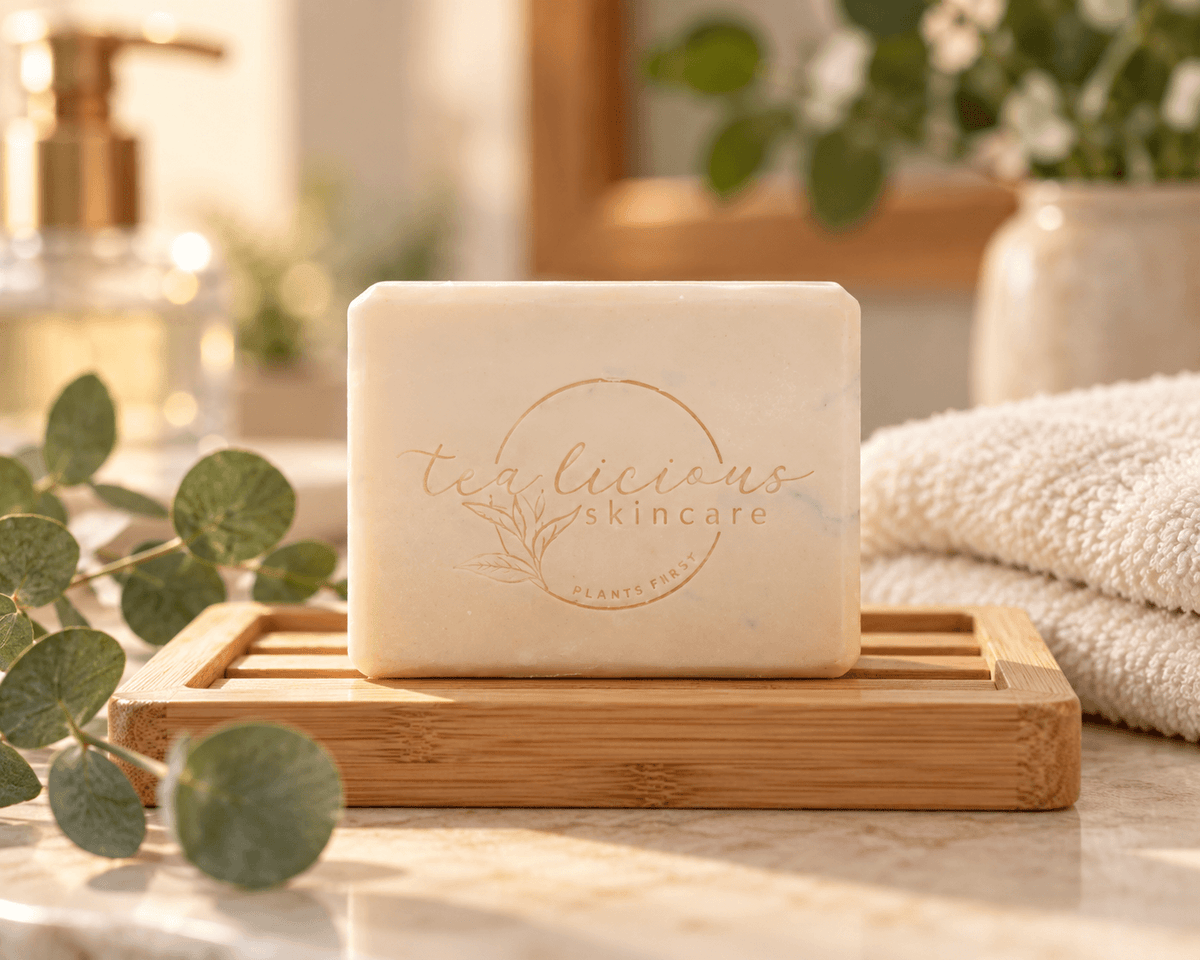 Tea-licious handcrafted soap bar displayed on a bamboo soap rack with eucalyptus and soft towels in a warm bathroom setting.