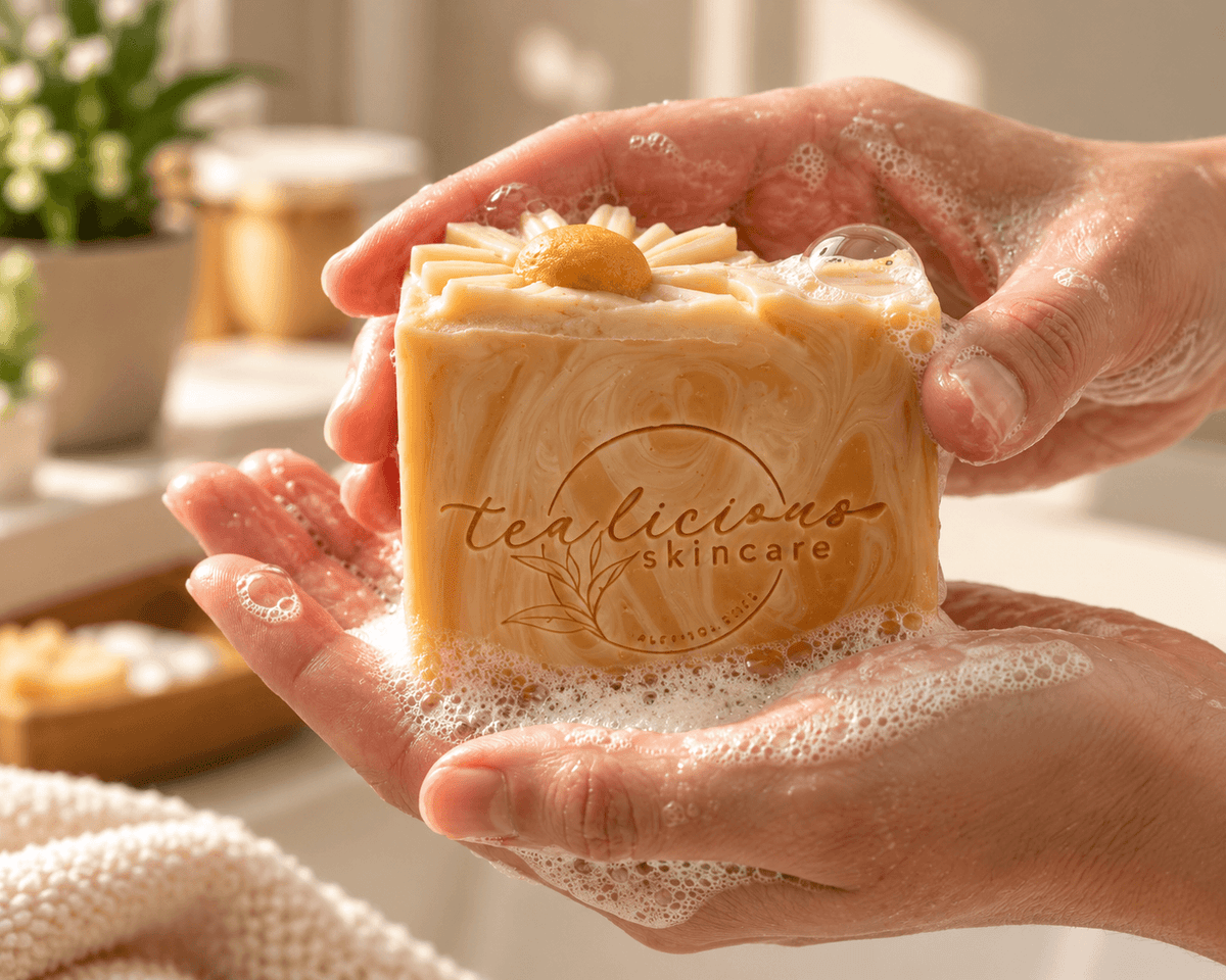 Tea-licious handcrafted soap held in wet, lathered hands in warm natural bathroom light, showing the embossed logo and decorative soap top.