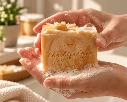 Tea-licious handcrafted soap held in wet, lathered hands in warm natural bathroom light, showing the embossed logo and decorative soap top.