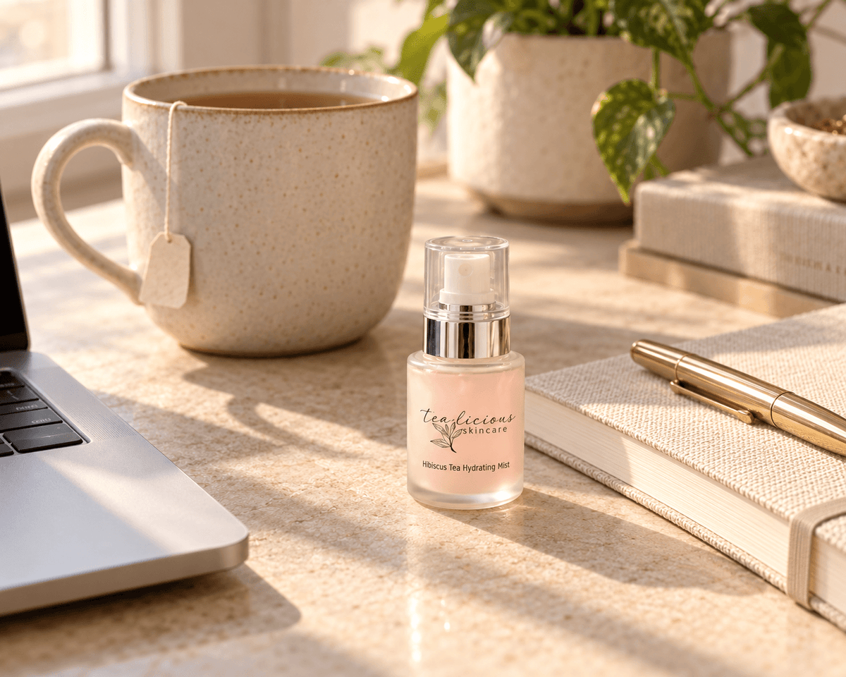 Tea-licious Hibiscus Tea Hydrating Mist travel bottle with pale pink mist on a sunlit desk beside a laptop, tea mug, notebook, and gold pen.