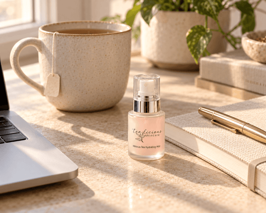 Tea-licious Hibiscus Tea Hydrating Mist travel bottle with pale pink mist on a sunlit desk beside a laptop, tea mug, notebook, and gold pen.