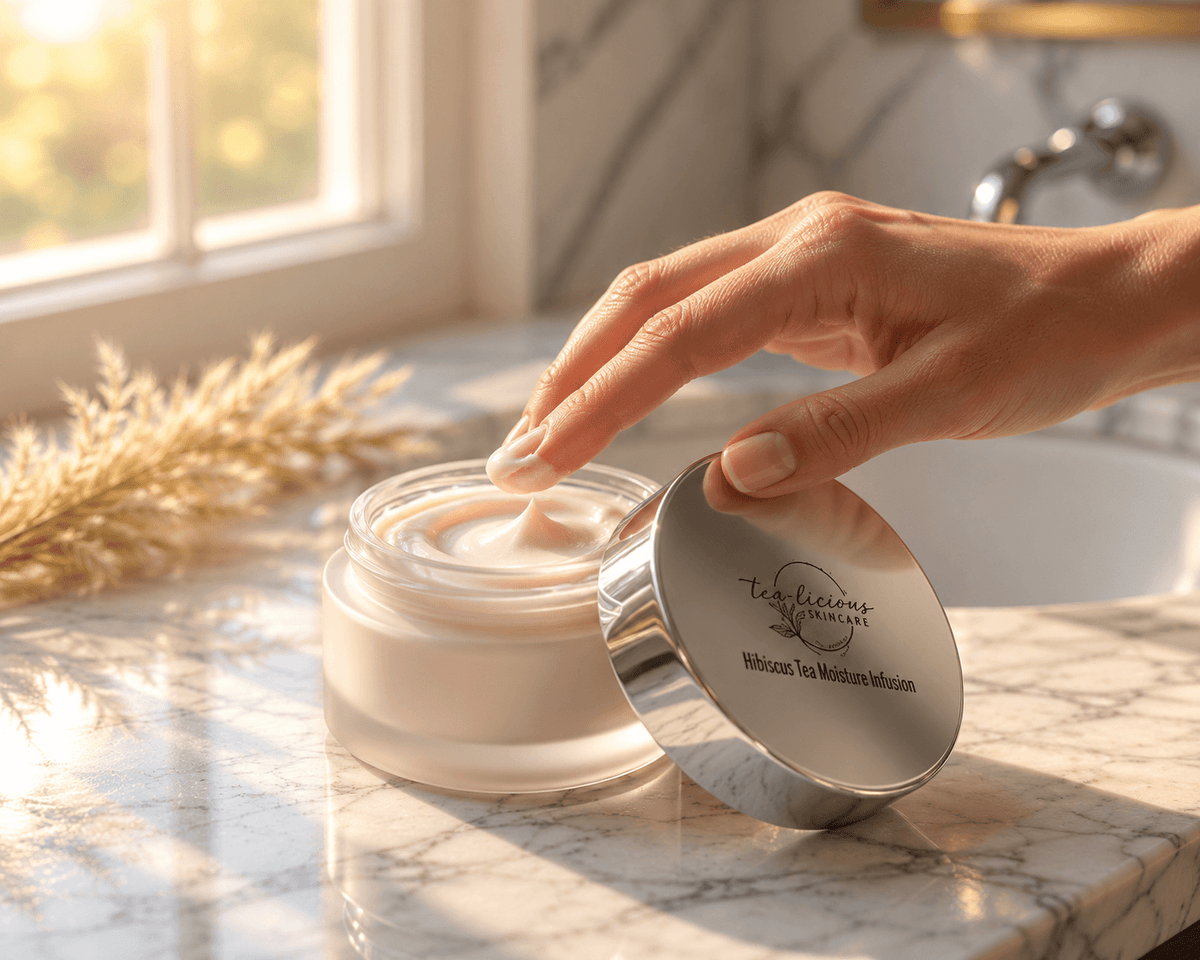 Open jar of Hibiscus Tea Moisture Infusion beside its silver lid, with text highlighting hydration, skin barrier support and soft, comfortable skin.