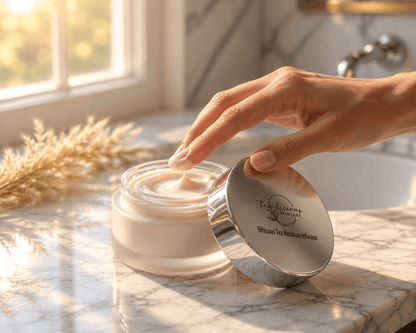 Open jar of Hibiscus Tea Moisture Infusion beside its silver lid, with text highlighting hydration, skin barrier support and soft, comfortable skin.