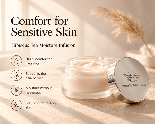 Hibiscus Tea Moisture Infusion beside its silver lid, with text highlighting hydration, skin barrier support, moisture without heaviness and soft skin.
