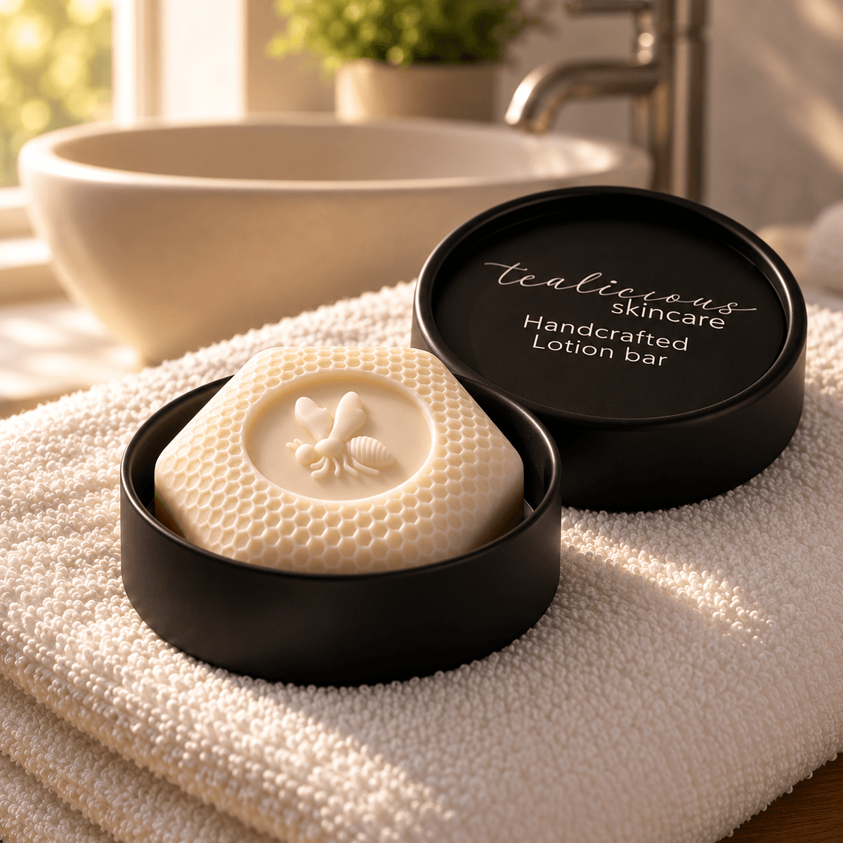 Tea-Licious Skincare cream-colored honeycomb solid lotion bar with embossed bee design resting in an open black tin on a soft white towel.