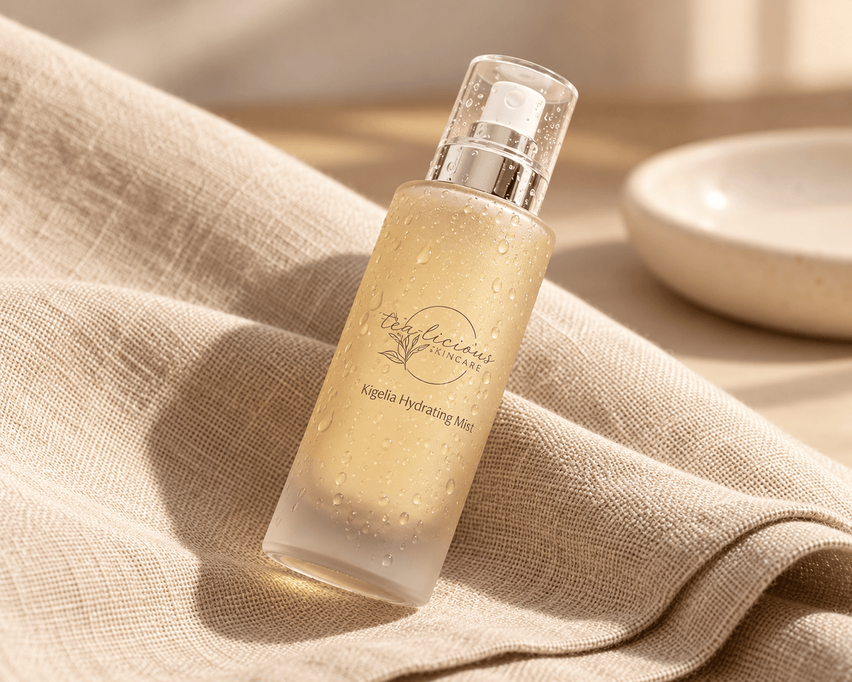 Tea-licious Kigelia Hydrating Mist bottle with water droplets resting diagonally on beige linen in warm natural light.