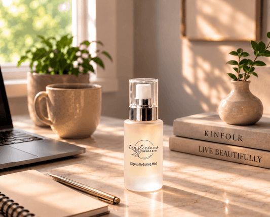 Tea-licious Kigelia Hydrating Mist travel bottle on a sunlit desk beside a laptop, ceramic mug, notebook, and gold pen.