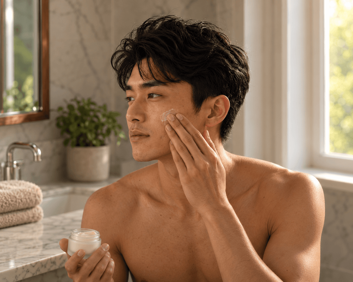 Man applying a small amount of face cream to his cheek while holding an open jar in a bathroom with warm natural light.