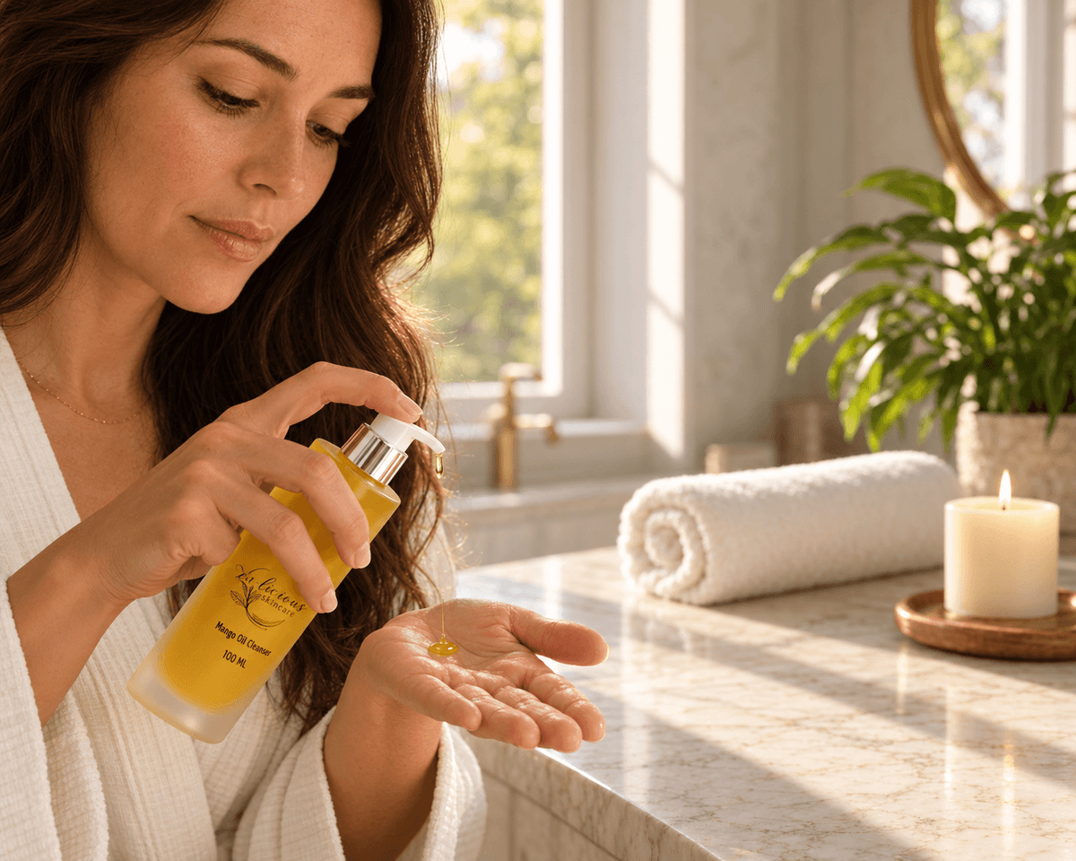 Woman dispensing golden Tea-licious Mango Oil Cleanser into her palm beside a sunlit marble vanity.
