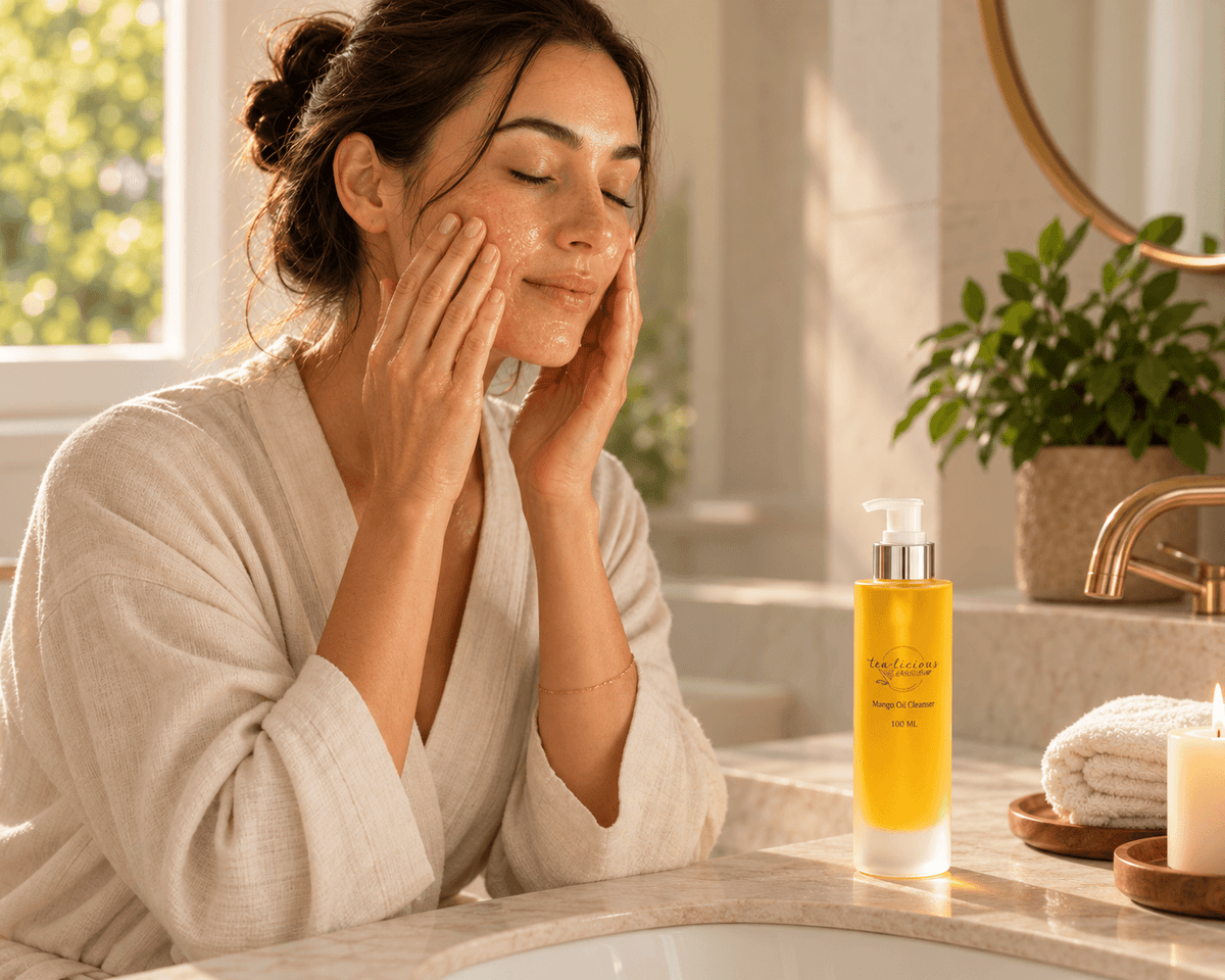 Woman in an ivory robe massaging cleanser onto her cheeks beside Tea-licious Mango Oil Cleanser in a warmly lit bathroom.