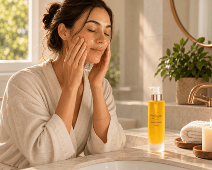 Woman in an ivory robe massaging cleanser onto her cheeks beside Tea-licious Mango Oil Cleanser in a warmly lit bathroom.