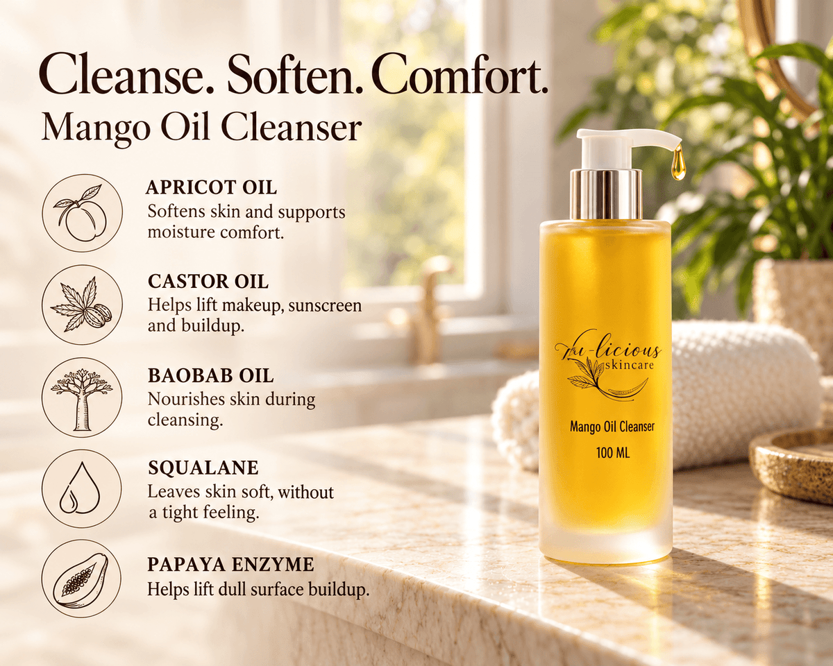 Mango Oil Cleanser benefits graphic highlighting apricot oil, castor oil, baobab oil, squalane and papaya enzyme.