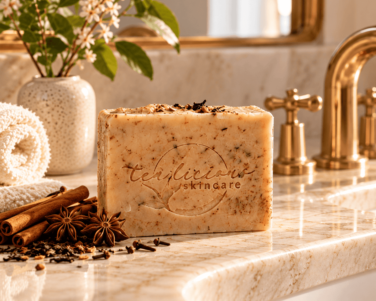 Tea-licious soap bar beside cinnamon sticks, star anise and cloves on a sunlit marble vanity with a brass tap.