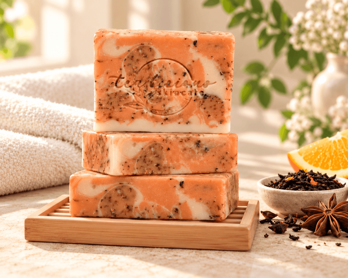 Three orange-and-cream Tea-licious soap bars stacked on a bamboo rack beside orange, loose tea and star anise.