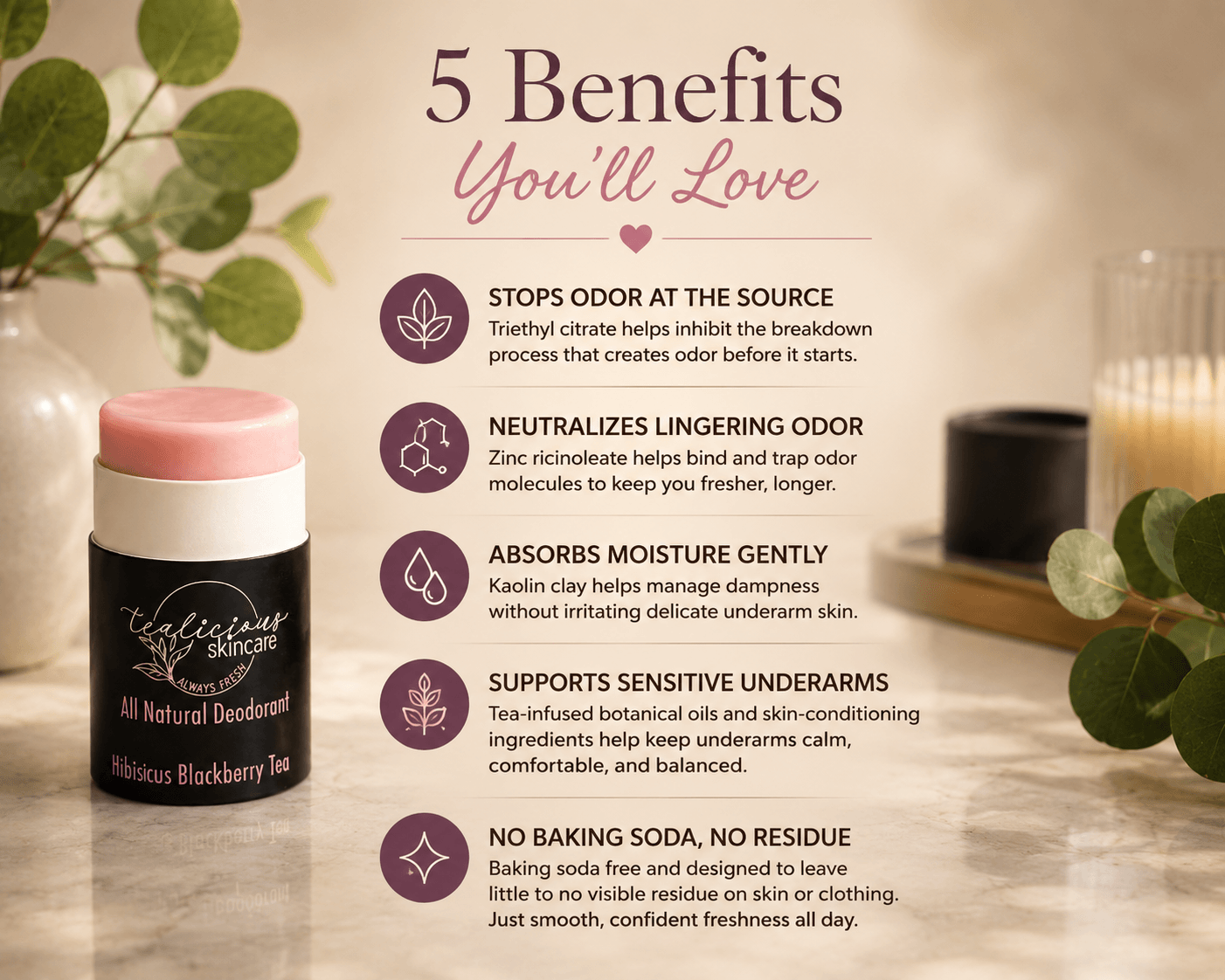Infographic highlighting five benefits of Tea-Licious Hibiscus Blackberry Tea natural deodorant, including odor protection, moisture absorption, sensitive skin support, and a baking soda-free, low-residue formula.