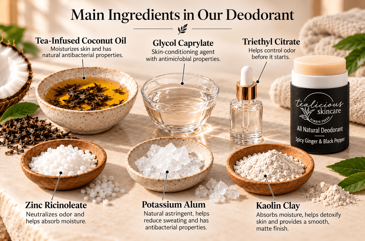 Tea-Licious natural deodorant ingredient infographic featuring tea-infused coconut oil, glycol caprylate, triethyl citrate, zinc ricinoleate, potassium alum and kaolin clay.