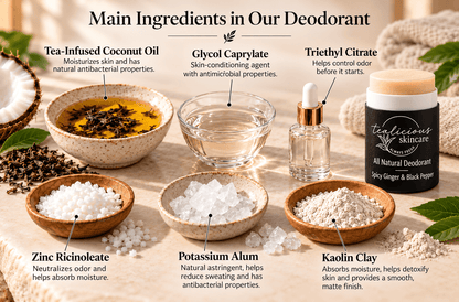 Tea-Licious natural deodorant ingredient infographic featuring tea-infused coconut oil, glycol caprylate, triethyl citrate, zinc ricinoleate, potassium alum and kaolin clay.