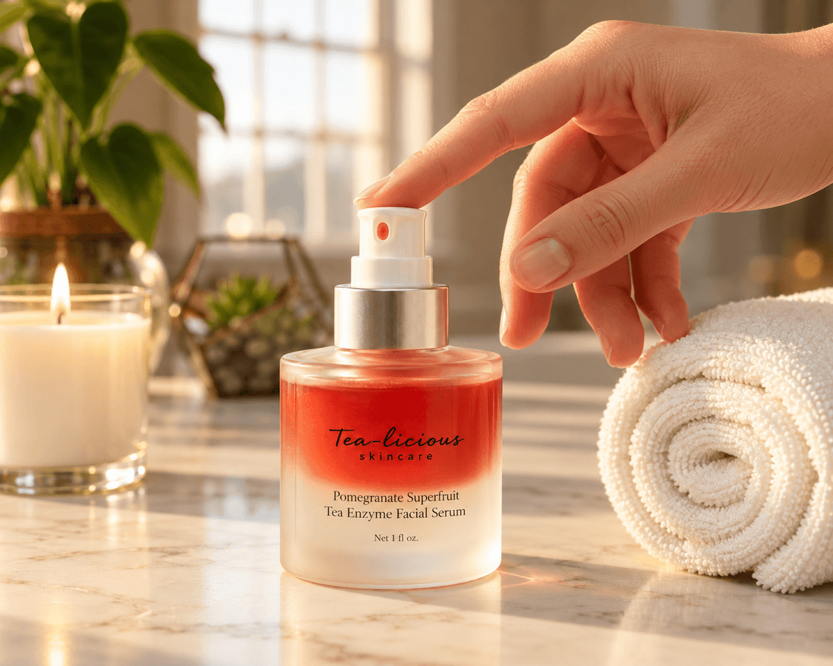 Hand pressing the pump of Tea-licious Pomegranate Superfruit Tea Enzyme Facial Serum beside a rolled towel and candle in warm window light.