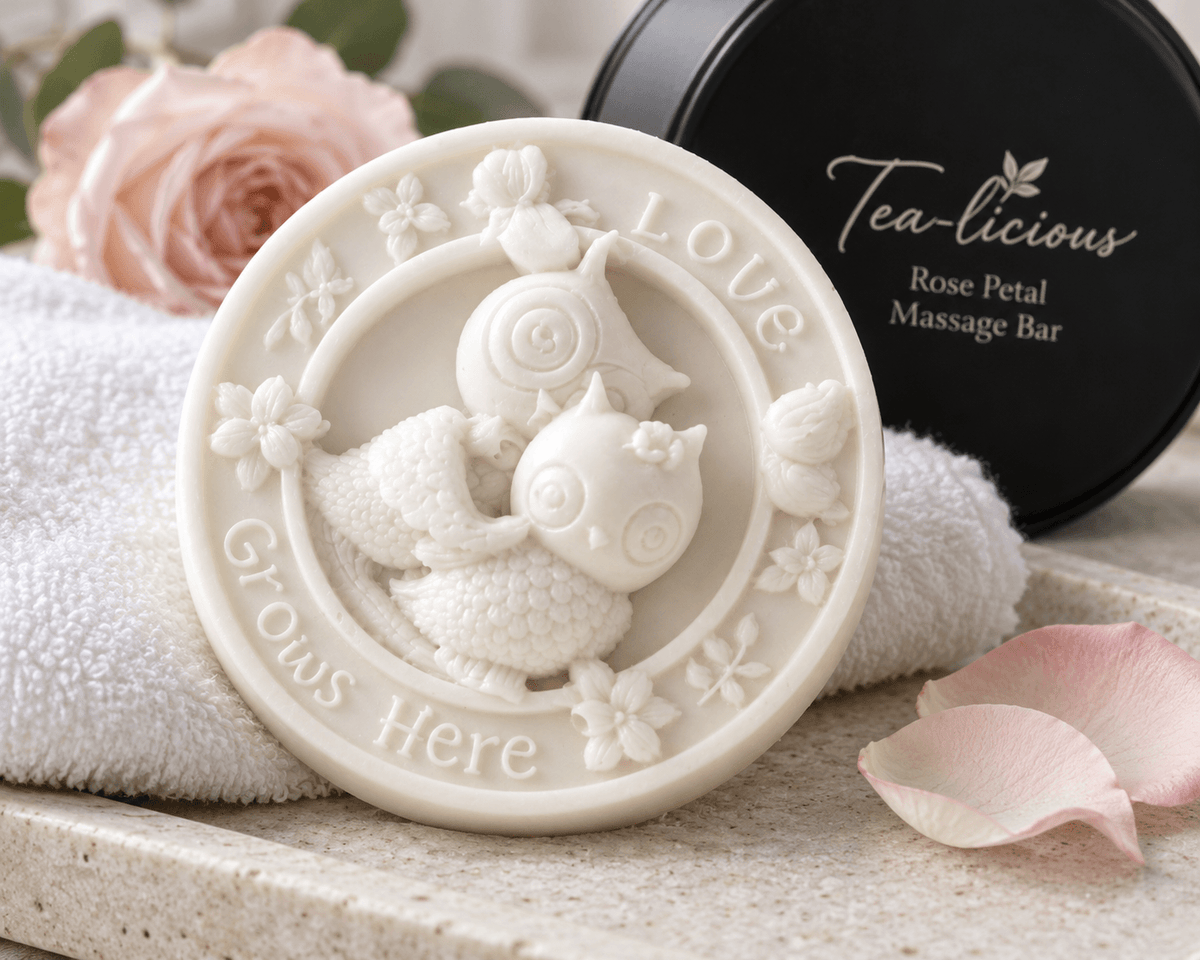 Close-up of round botanical massage bar embossed with two owls and Love Grows Here resting on a white textured towel.