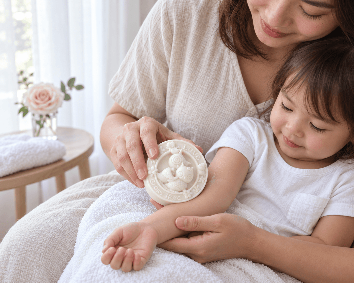 Mother gently applying the Tea-licious embossed owl solid massage bar to her young child’s arm on a soft white towel.