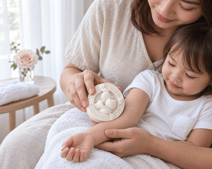 Mother gently applying the Tea-licious embossed owl solid massage bar to her young child’s arm on a soft white towel.